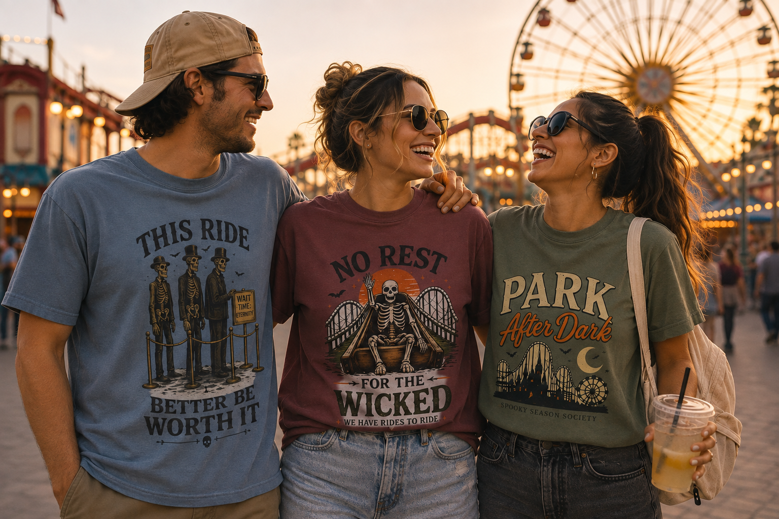 Three women standing together at an outdoor fair or amusement park at sunset, each wearing a graphic T-shirt. The shirts read "THIS RIDE BETTER BE WORTH IT," "NO REST FOR THE WICKED," and "PARK After Dark," with amusement park rides visible in the background.